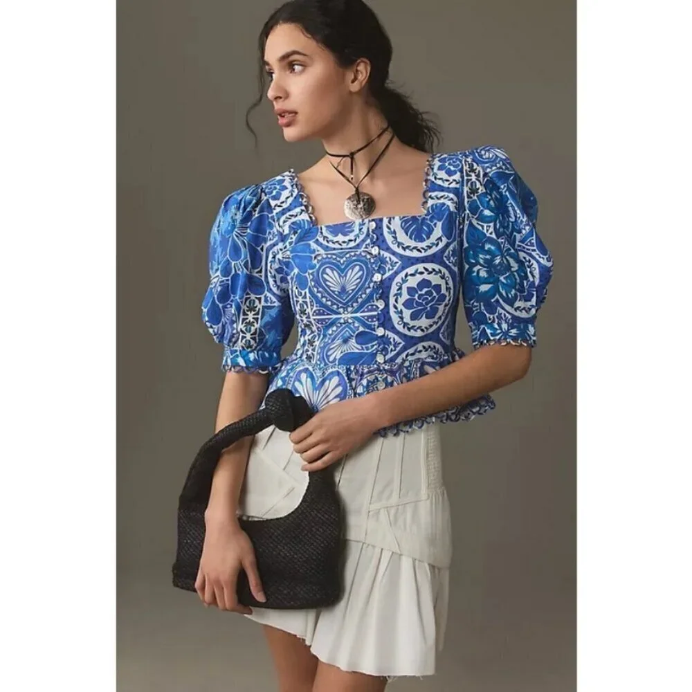 💕FARM RIO💕 Blue Tile Dream Short Sleeve Blouse ~ Floral Large L NWT *DAMAGED*